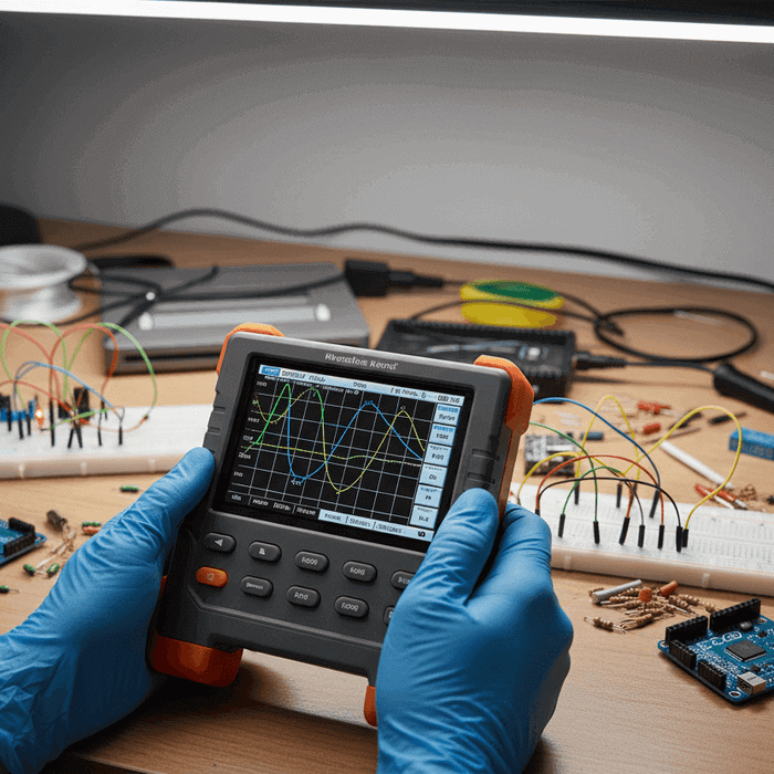 Handheld oscilloscope displaying waveforms, used for electronics projects on a workbench