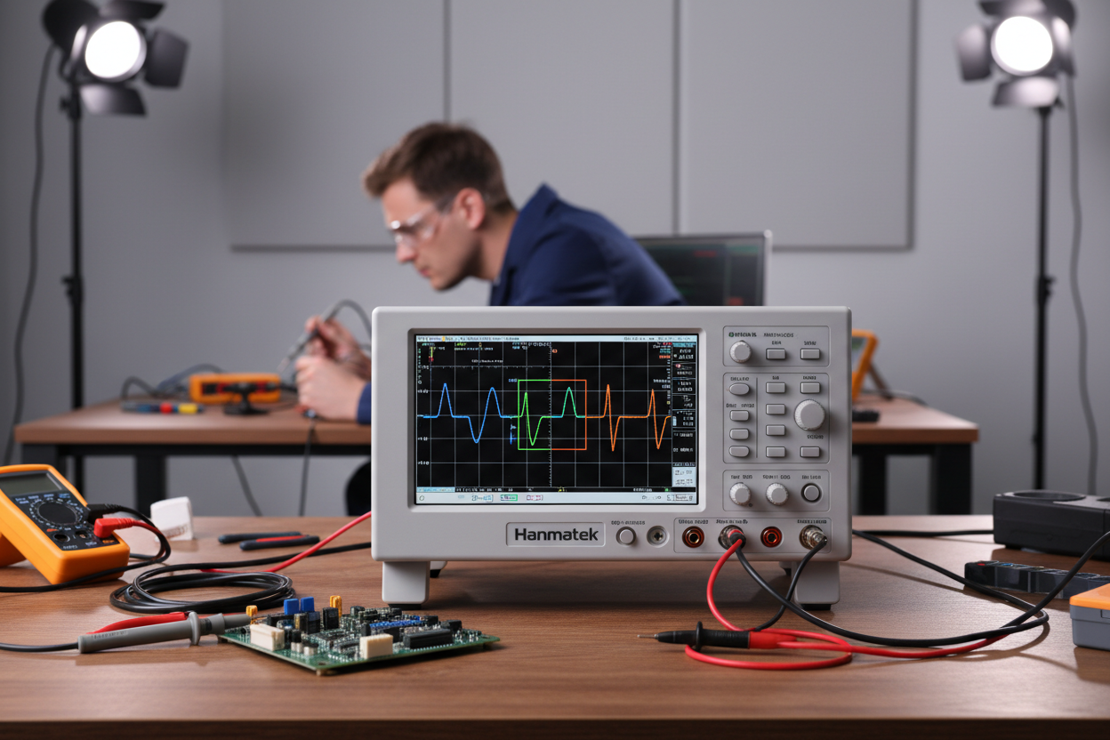 Benchtop oscilloscope displaying waveforms with engineer working in electronics lab