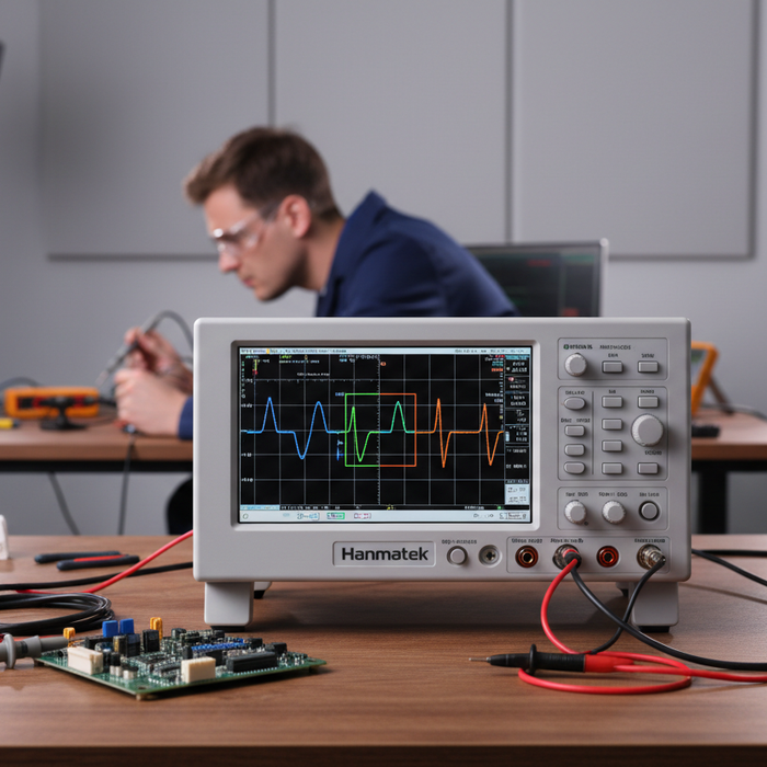 Benchtop oscilloscope displaying waveforms with engineer working in electronics lab