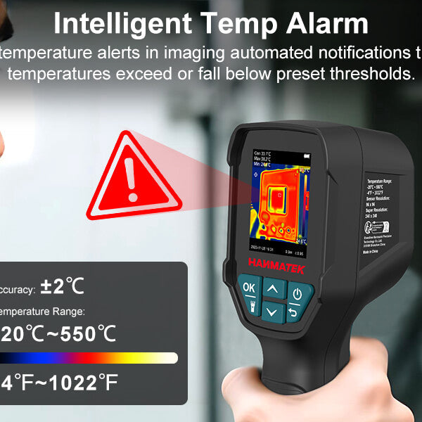 Technician using a handheld infrared thermal imaging camera for temperature measurement near electrical panel