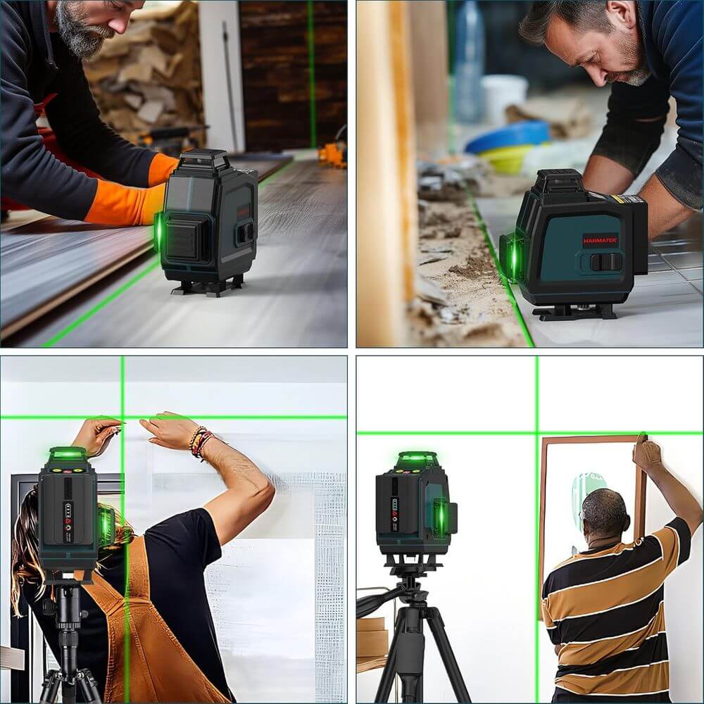 Self-leveling laser level projecting green lines, used for flooring, tiling, and wall alignment.