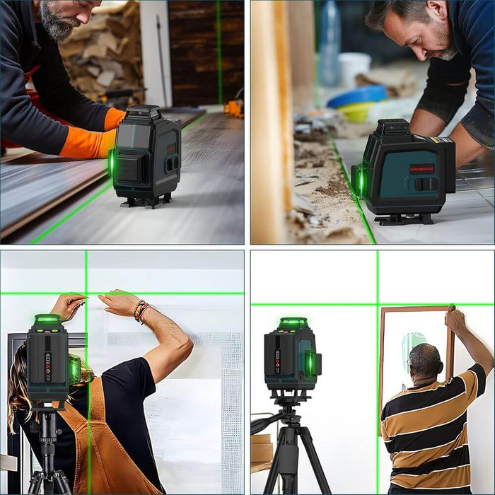 Self-leveling laser level projecting green lines, used for flooring, tiling, and wall alignment.