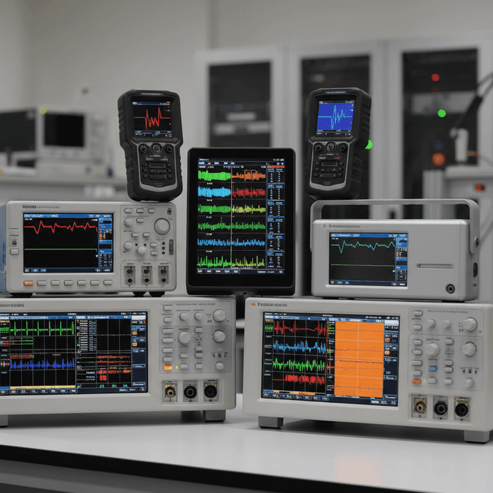 Various digital oscilloscopes and handheld test equipment displayed on a lab bench