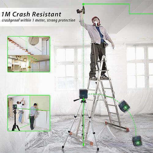 Self-leveling laser level projector on tripod, used indoors for precise alignment, 1 meter crash resistant