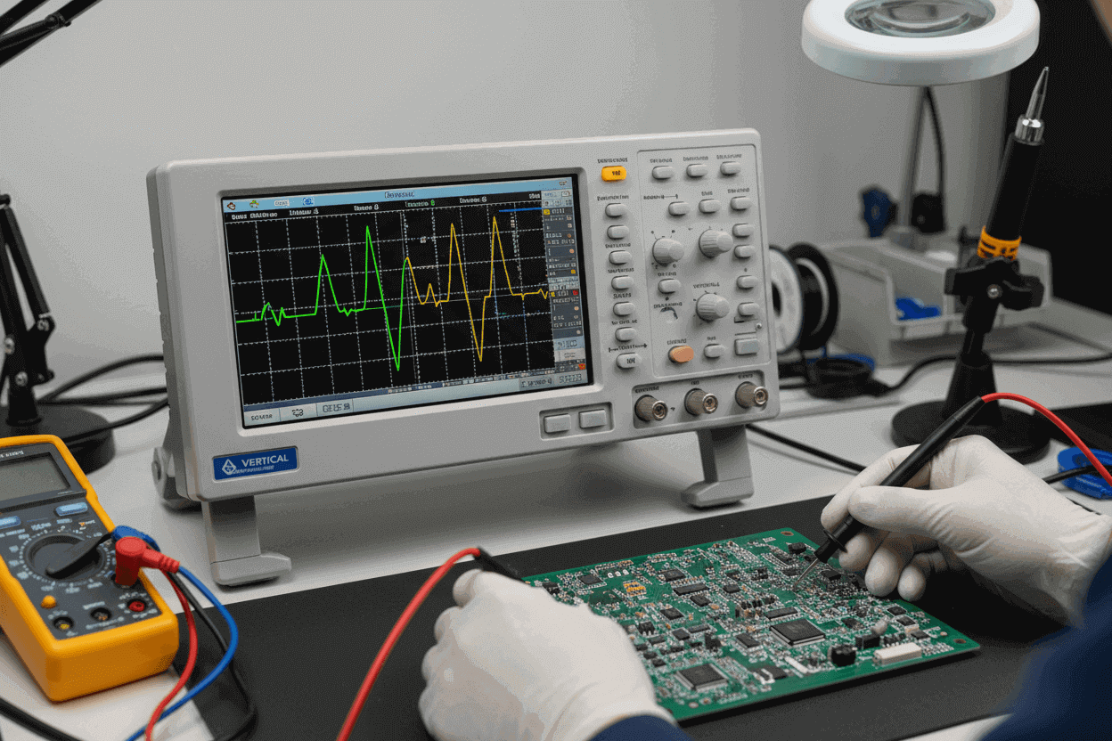 Benchtop oscilloscope testing electronic circuit board in electronics repair lab