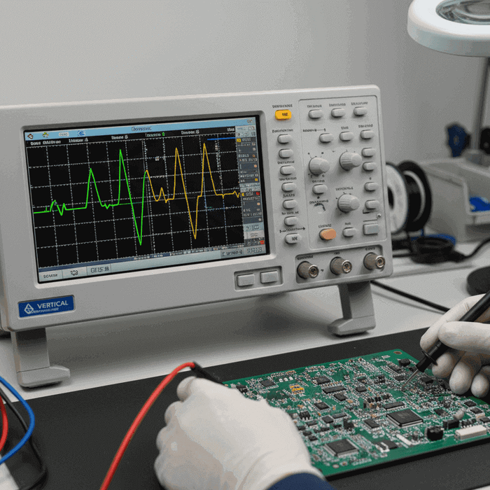 Benchtop oscilloscope testing electronic circuit board in electronics repair lab