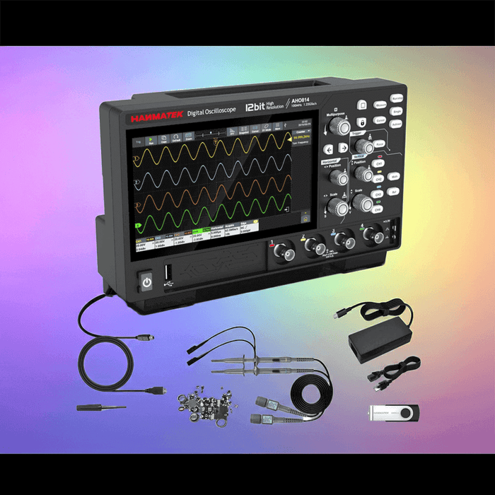 Android-based oscilloscopes display waveforms, showcasing features and accessories for electronics testing.