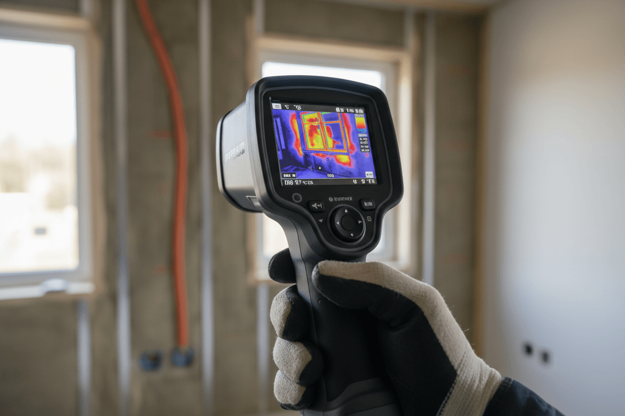 Hand holding a thermal imaging camera inspecting a room under construction