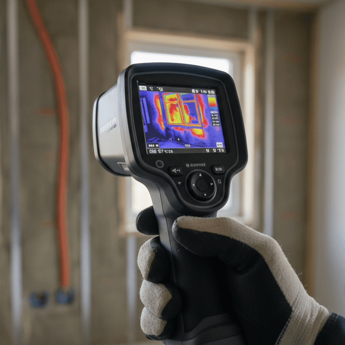 Hand holding a thermal imaging camera inspecting a room under construction