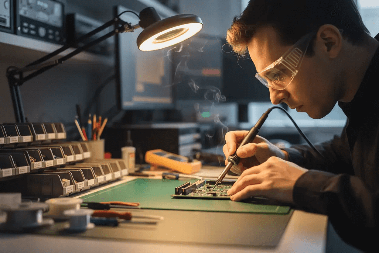 Technician soldering electronic circuit board at a workbench with test equipment and tools