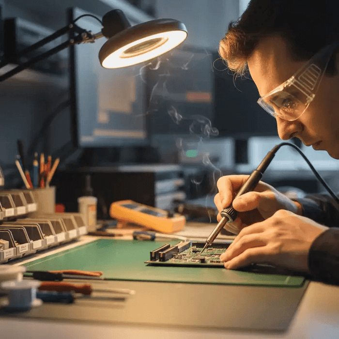 Technician soldering electronic circuit board at a workbench with test equipment and tools