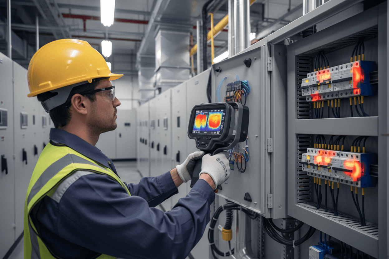 Technician using thermal imaging tester on electrical control panel in industrial setting
