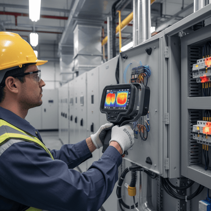 Technician using thermal imaging tester on electrical control panel in industrial setting