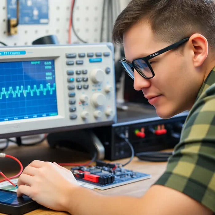 A beginner using a digital oscilloscope on a workbench