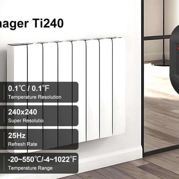 Hand holding a handheld thermal imager measuring radiator heat, product specs displayed.