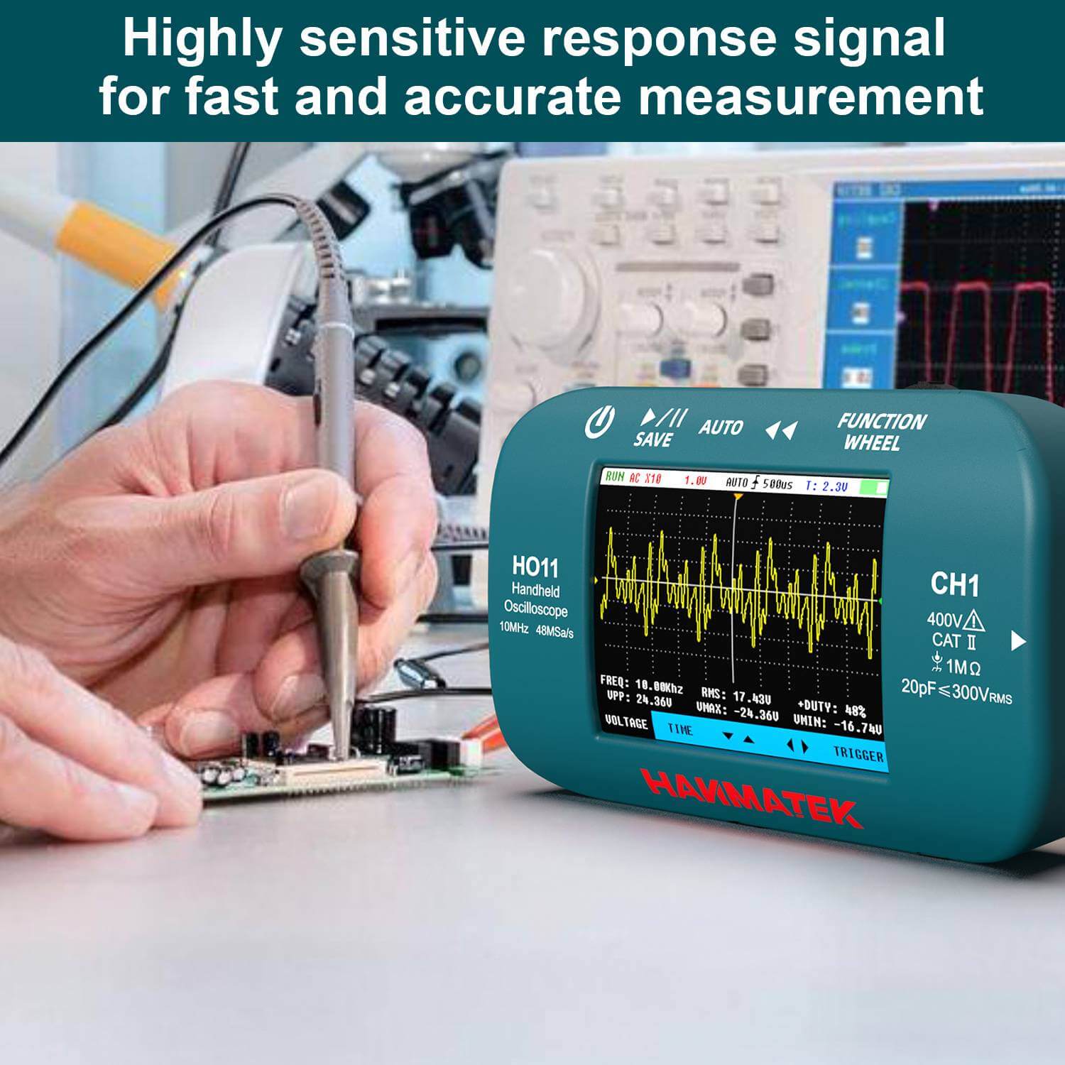 Handheld oscilloscope measuring electronic circuit signal, high sensitivity display shown