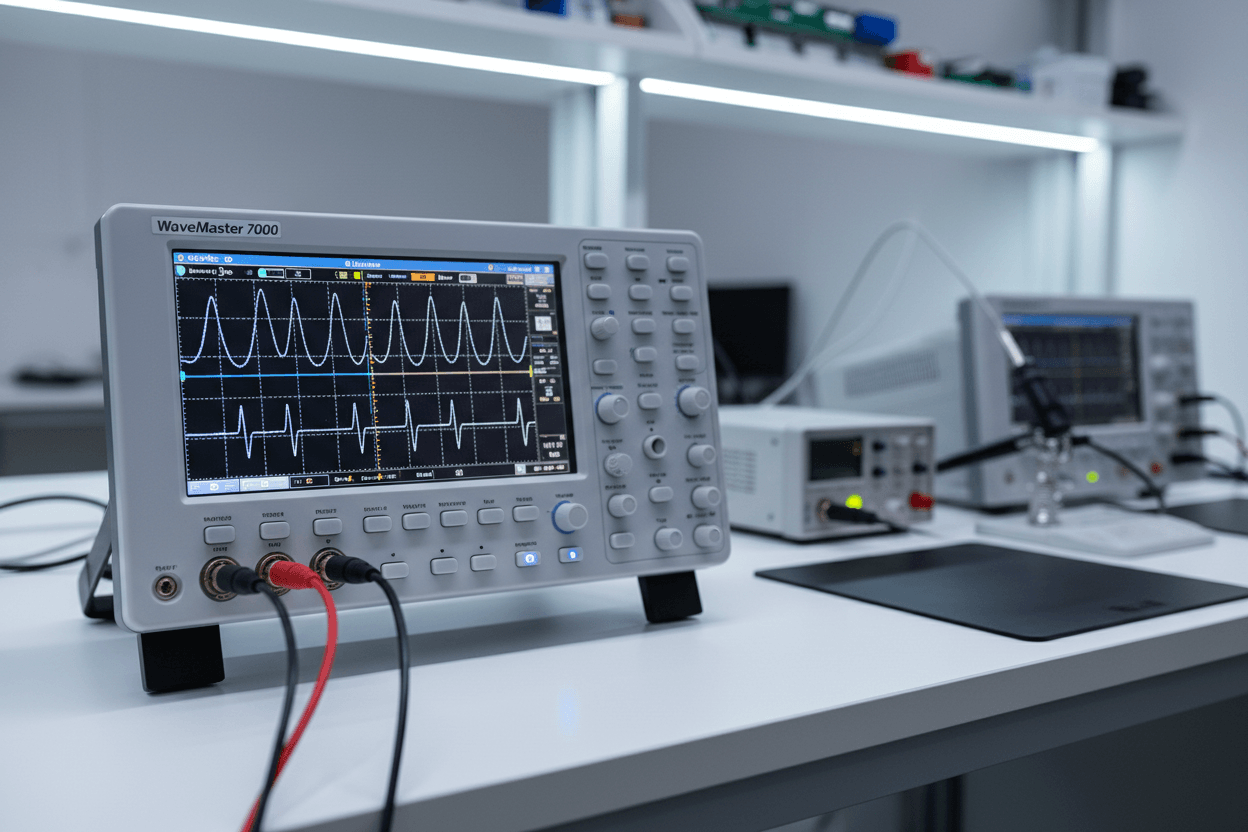 Close-up of a benchtop oscilloscope displaying waveforms in a modern laboratory setup.