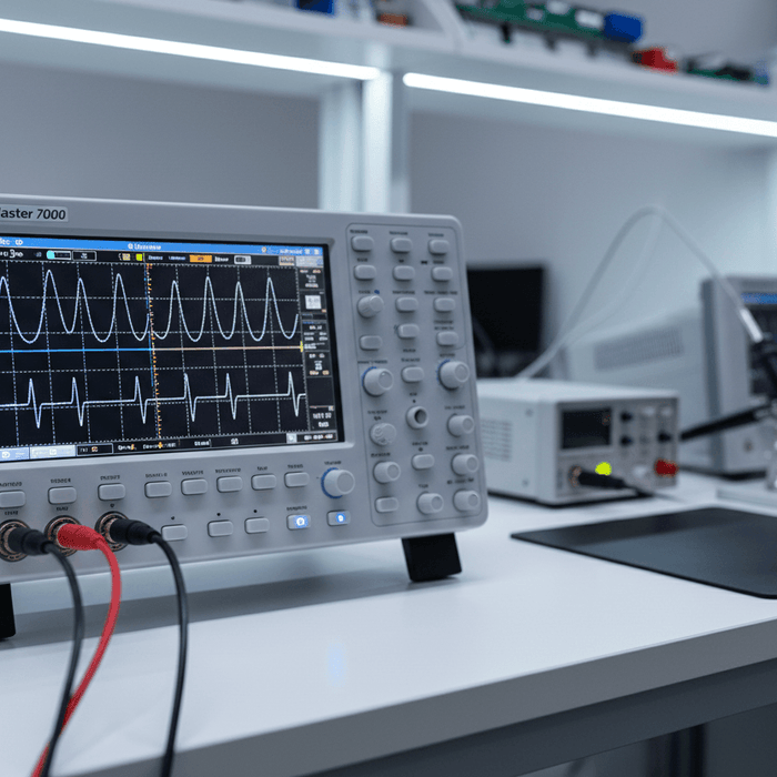 Close-up of a benchtop oscilloscope displaying waveforms in a modern laboratory setup.