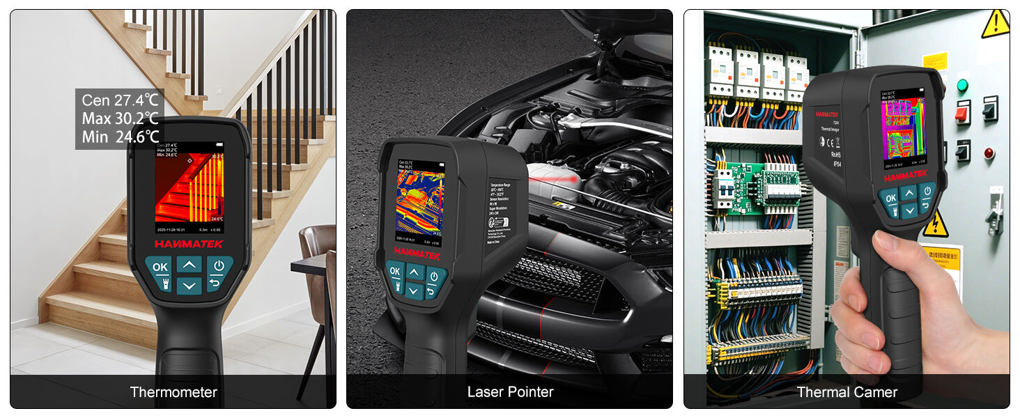 Hanmatek TI240 Thermal Camera showing its display features and usage with a thermometer and laser pointer.