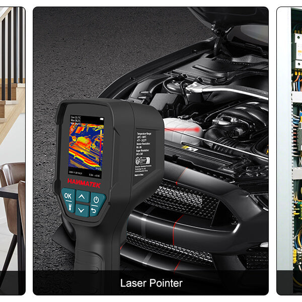 Hanmatek TI240 thermal camera displaying temperature readings in various environments.