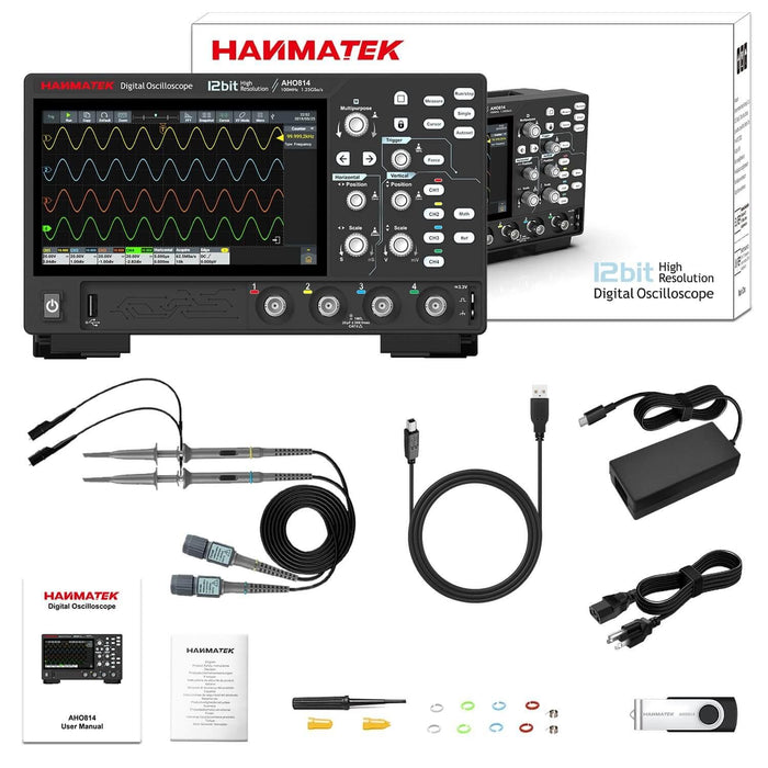 Digital oscilloscope with user manual and accessories for advanced measurements and analysis in electronics.