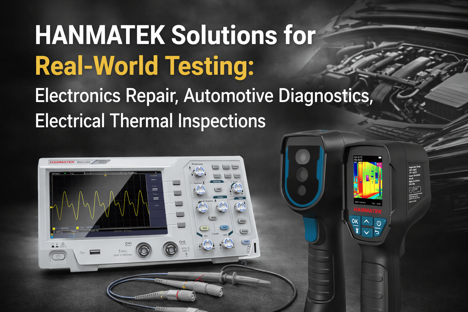 HANMATEK Solutions for Real-World Testing: tools for electronics repair and automotive diagnostics.