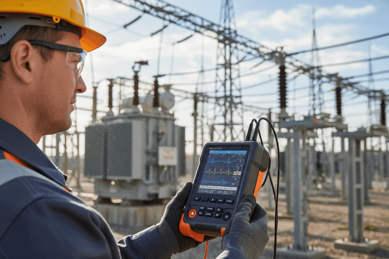 Engineer using handheld oscilloscope for electrical testing at outdoor substation