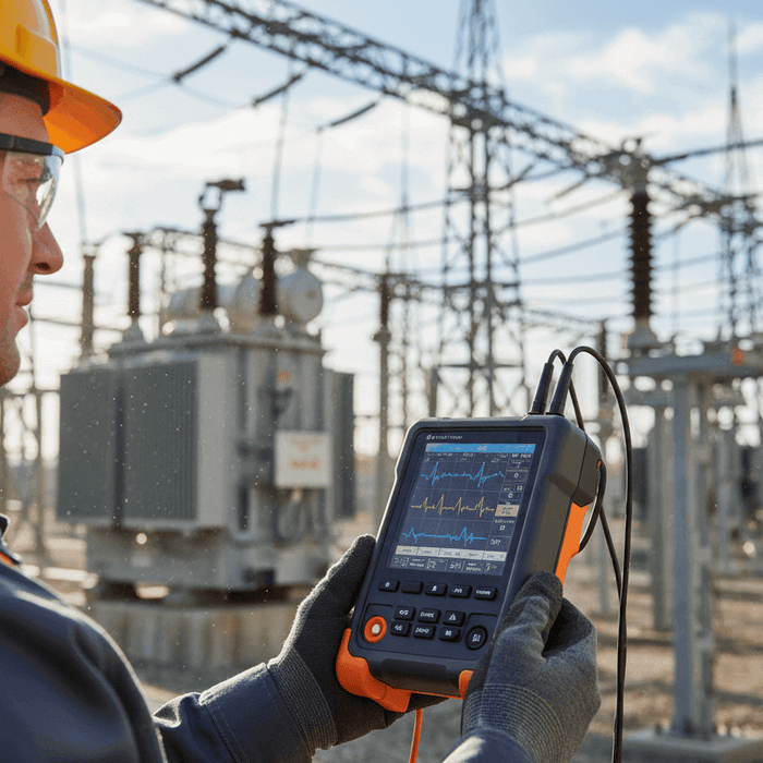 Engineer using handheld oscilloscope for electrical testing at outdoor substation