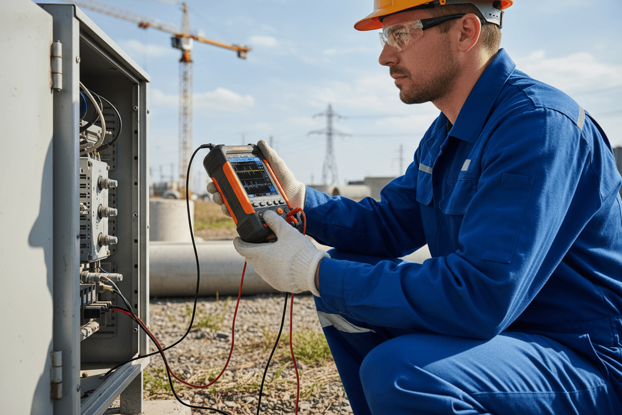 Technician using handheld oscilloscope for on-site electrical testing outdoors