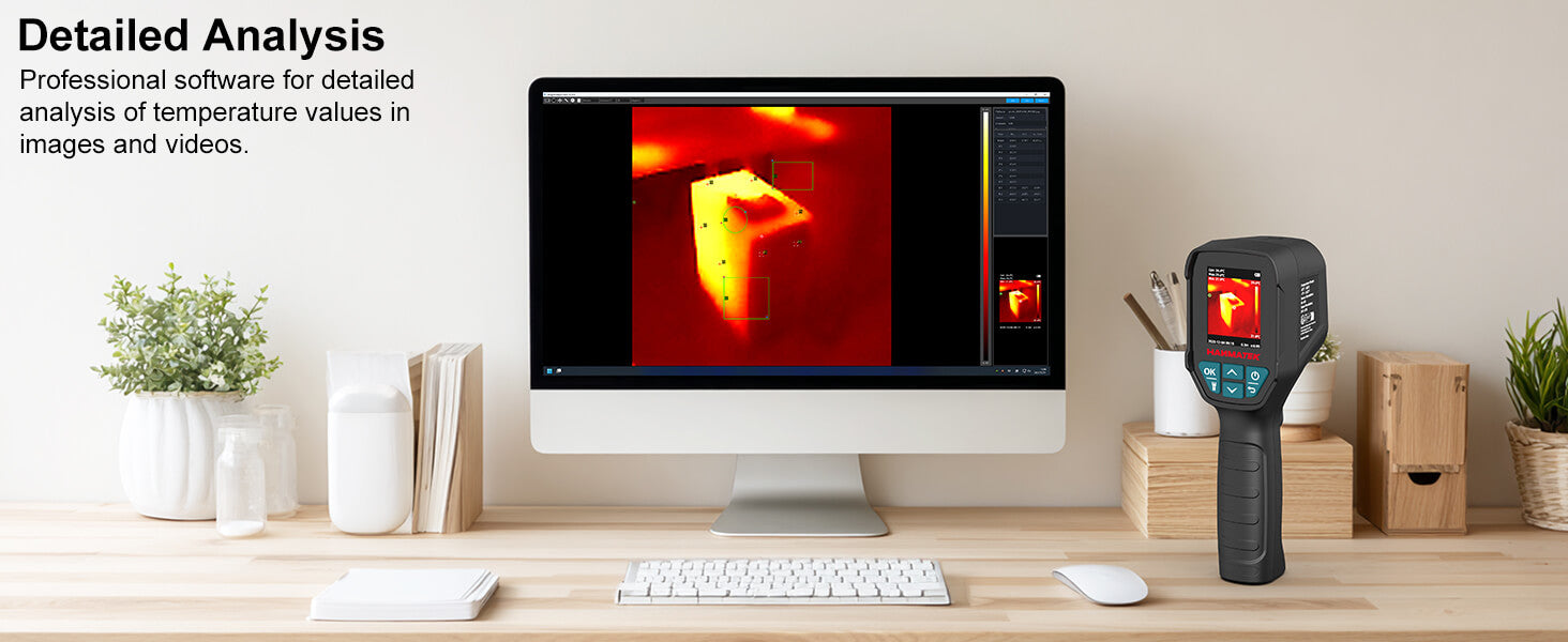Thermal Imaging Camera displayed next to a computer showing thermal analysis software for electrical inspection.