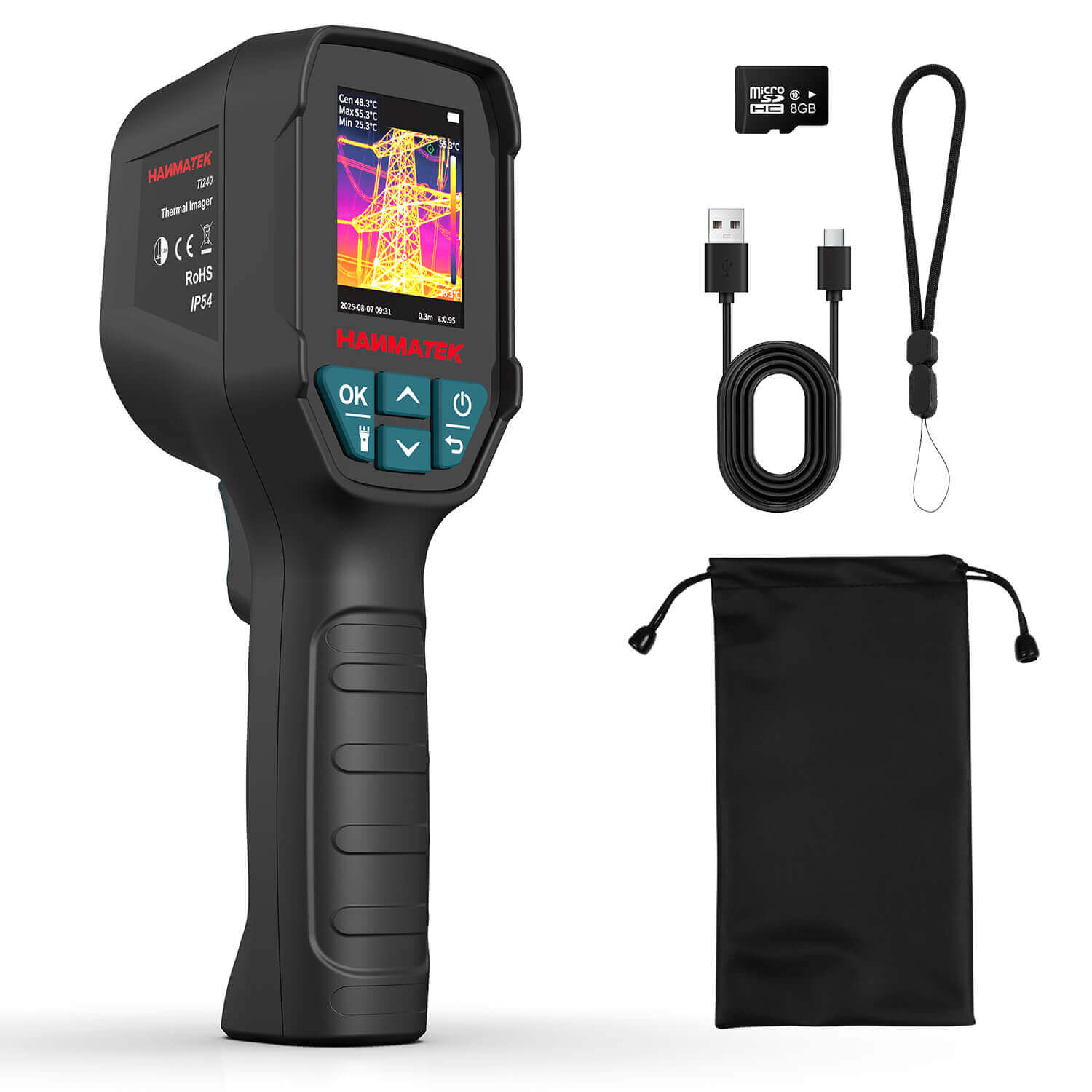 Handheld thermal imager with display, USB cable, memory card, lanyard, and carrying pouch.