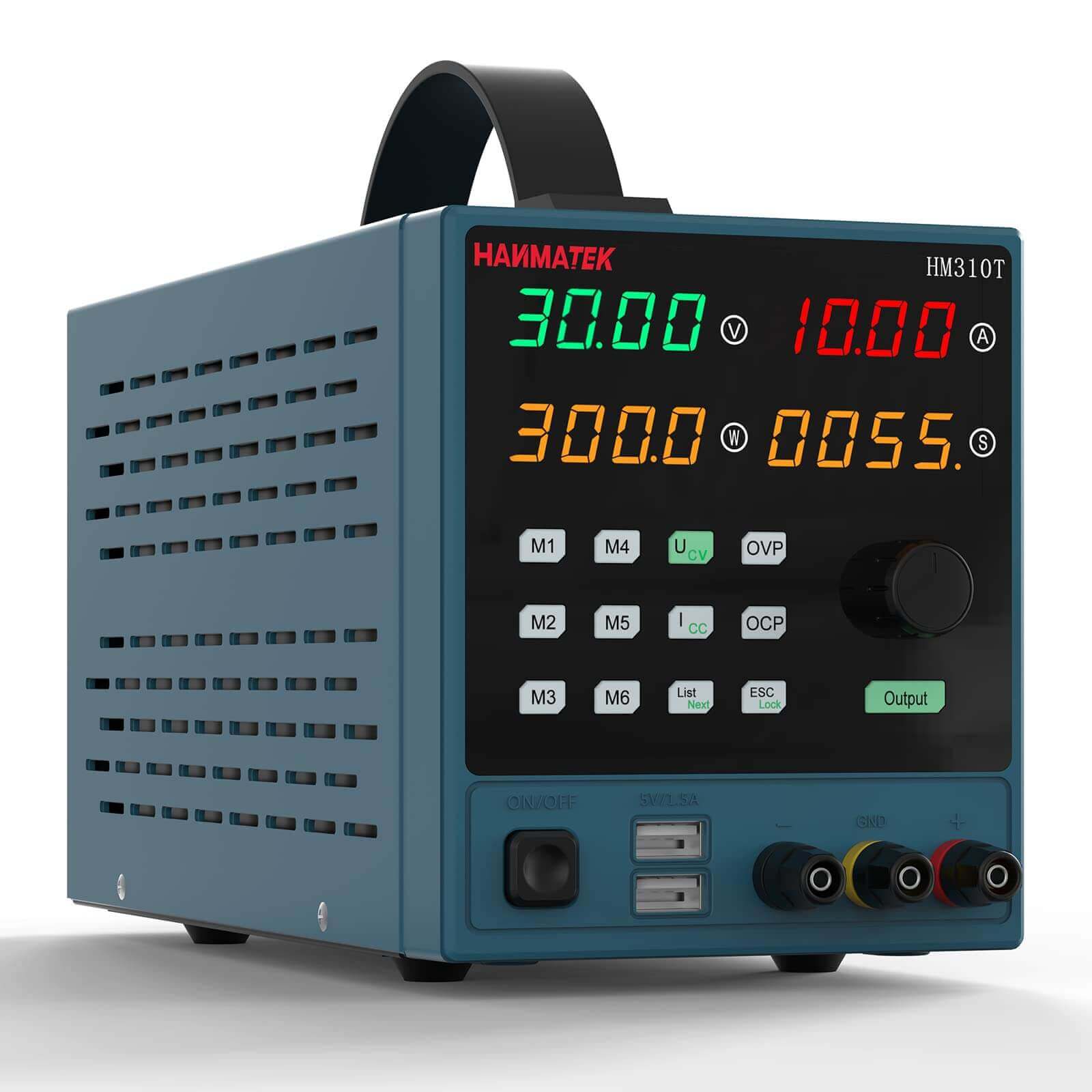 Digital benchtop power supply with LED display, control knob, and multiple output terminals