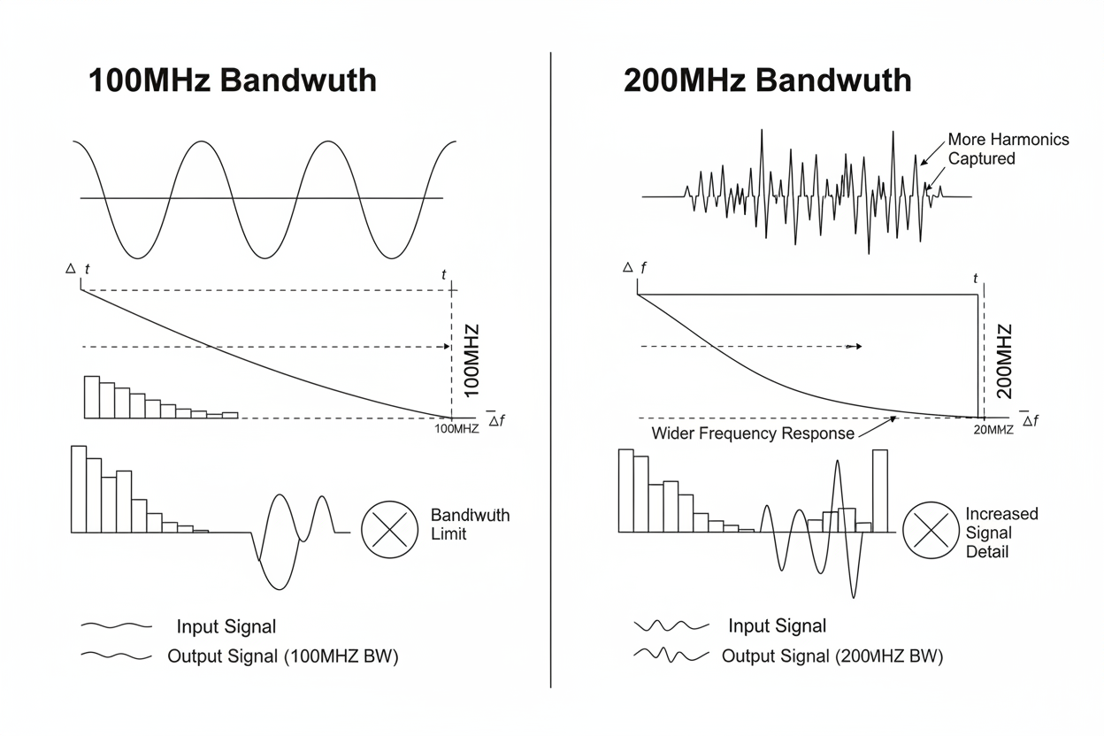 Comparison of 100MHz and 200MHz Bandwidth in Benchtop Oscilloscopes with signal details.