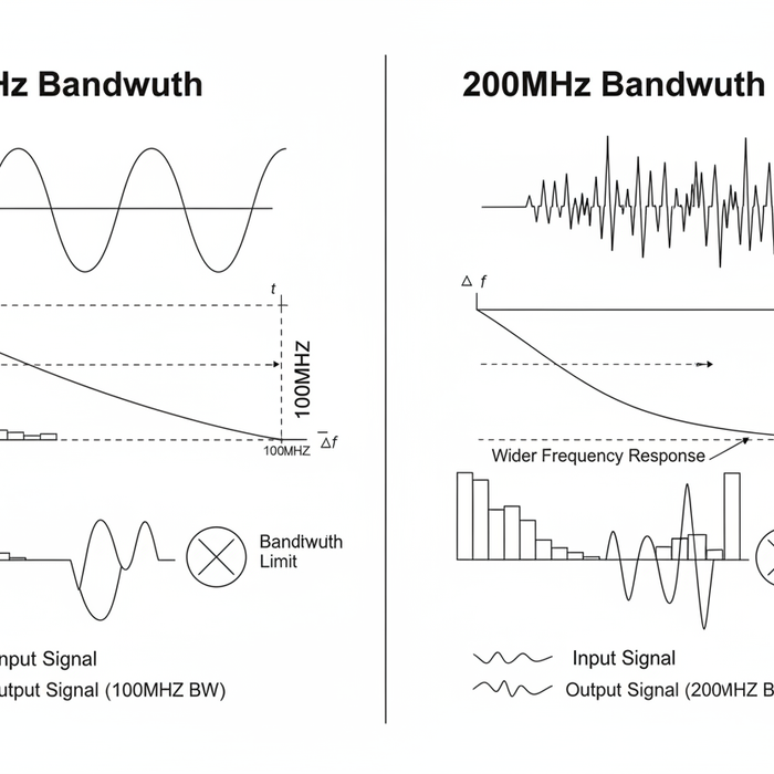 Comparison of 100MHz and 200MHz Bandwidth in Benchtop Oscilloscopes with signal details.