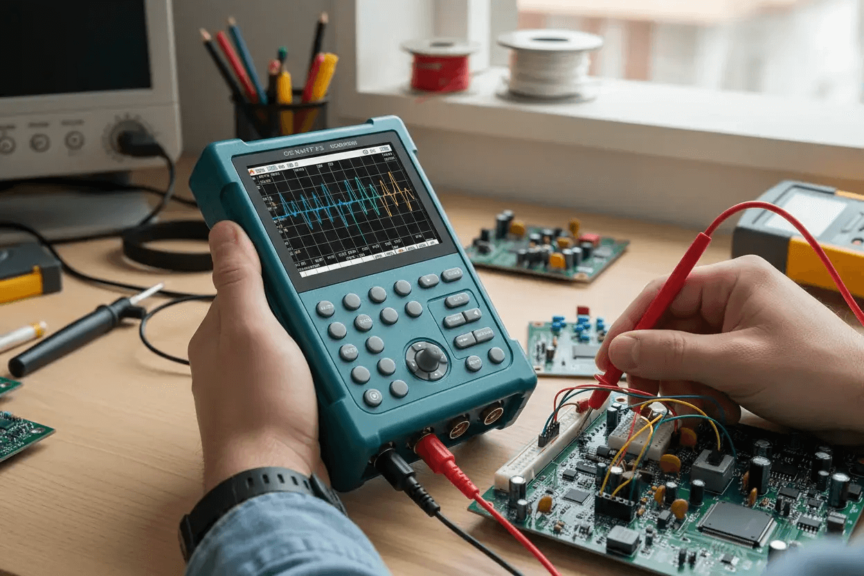 Person using handheld oscilloscope to measure signals on an electronic circuit board