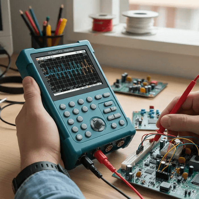 Person using handheld oscilloscope to measure signals on an electronic circuit board