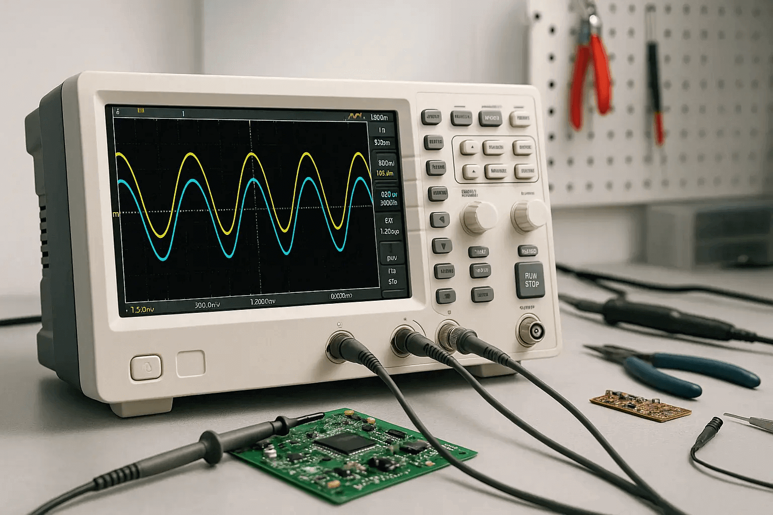 Digital oscilloscope displaying sine waves on electronic workbench with probes, circuit boards, and tools