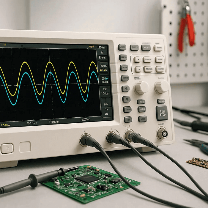 Digital oscilloscope displaying sine waves on electronic workbench with probes, circuit boards, and tools