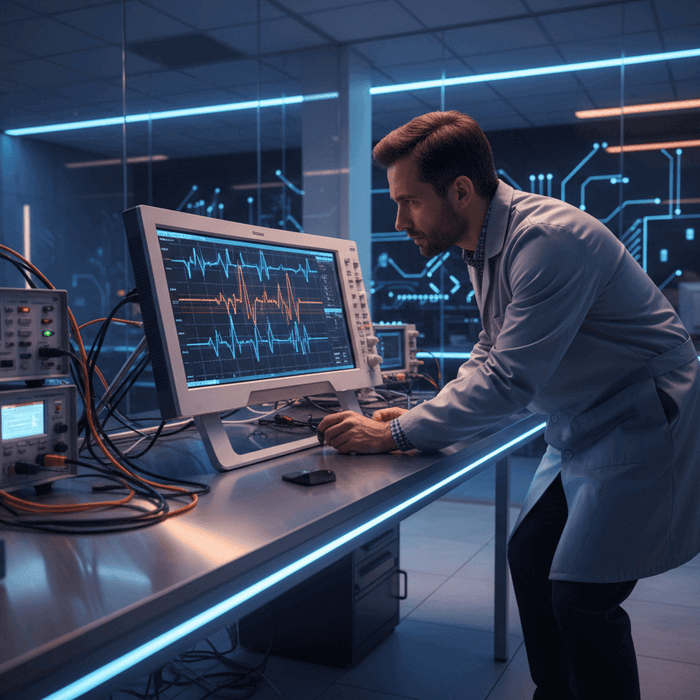 Engineer analyzing electronic signals on benchtop oscilloscope in modern lab