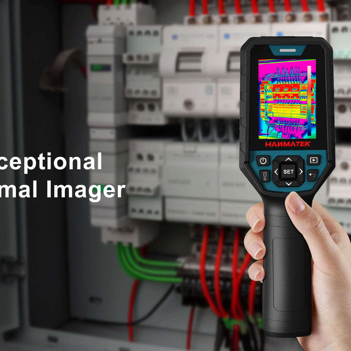 Hand holding Ti260 thermal imager scanning electrical panel for temperature measurement