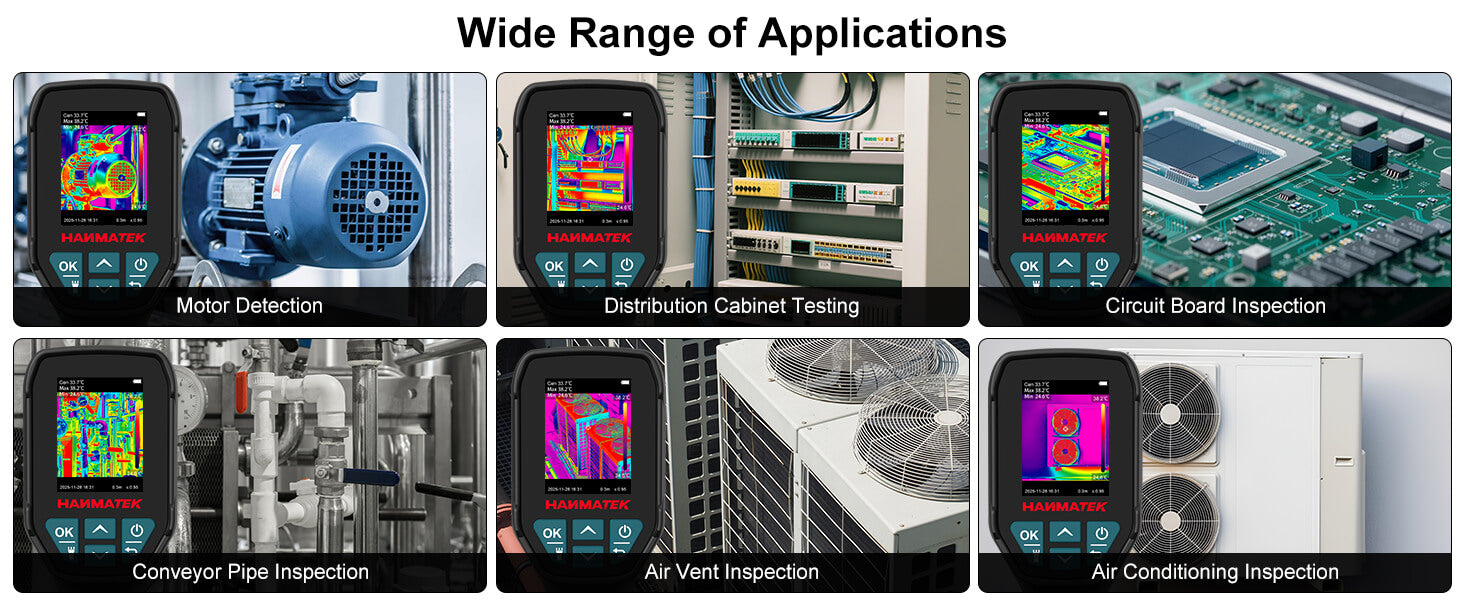 Thermal Camera applications include motor detection, circuit board inspection, and air conditioning inspection.