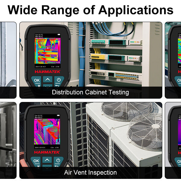 Thermal Camera applications include motor detection, circuit board inspection, and air conditioning inspection.