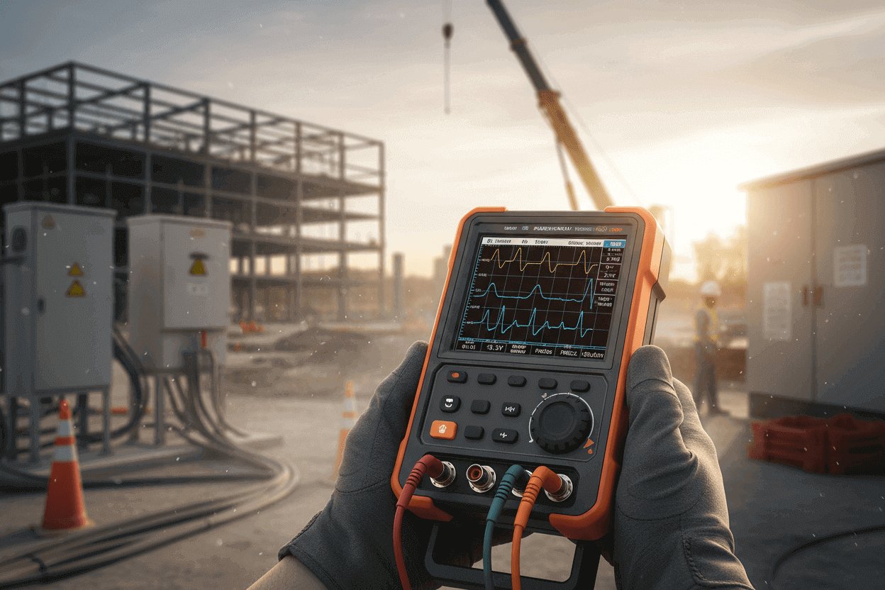 Battery-powered handheld oscilloscope measuring signals at a construction site