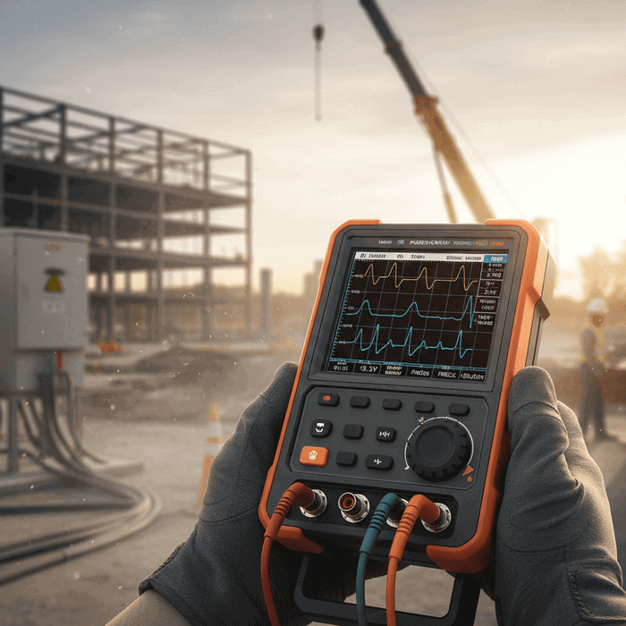 Battery-powered handheld oscilloscope measuring signals at a construction site
