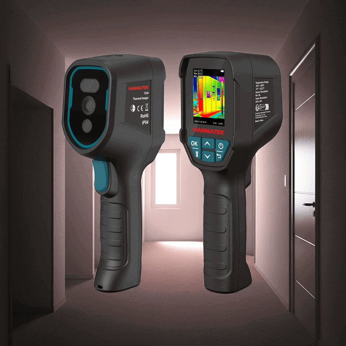 Thermal imaging camera for circuit breaker maintenance, Hanmatek TI240 model in a hallway setting.