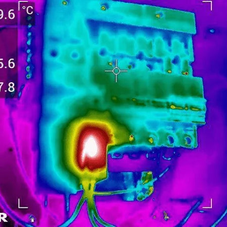 Thermal Camera image showing infrared heat mapping of an electrical component with temperature readings.