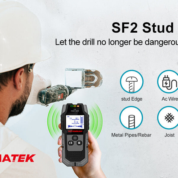 A person using an SF2 Stud Finder to locate studs safely, ensuring accurate drilling and construction.