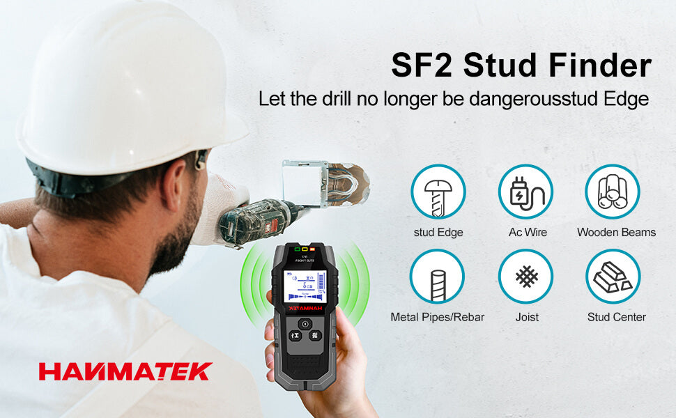 A person using an SF2 Stud Finder to locate studs safely, ensuring accurate drilling and construction.