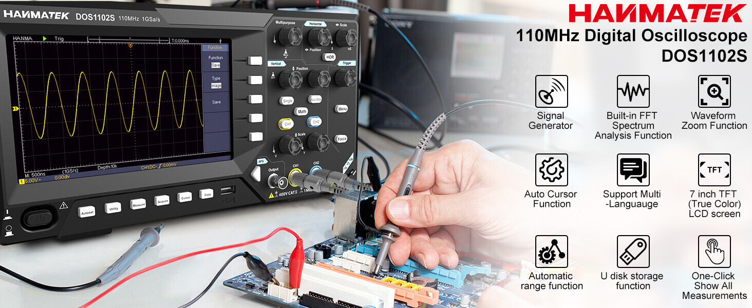 The HANMATEK DOS1102S is a 2-channel oscilloscope with 110MHz bandwidth