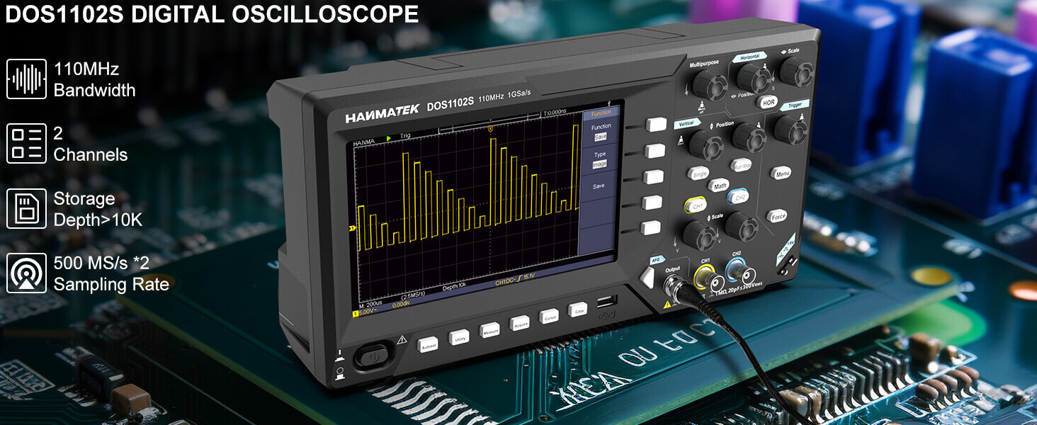 The HANMATEK DOS1102S is a 110MHz oscilloscope 